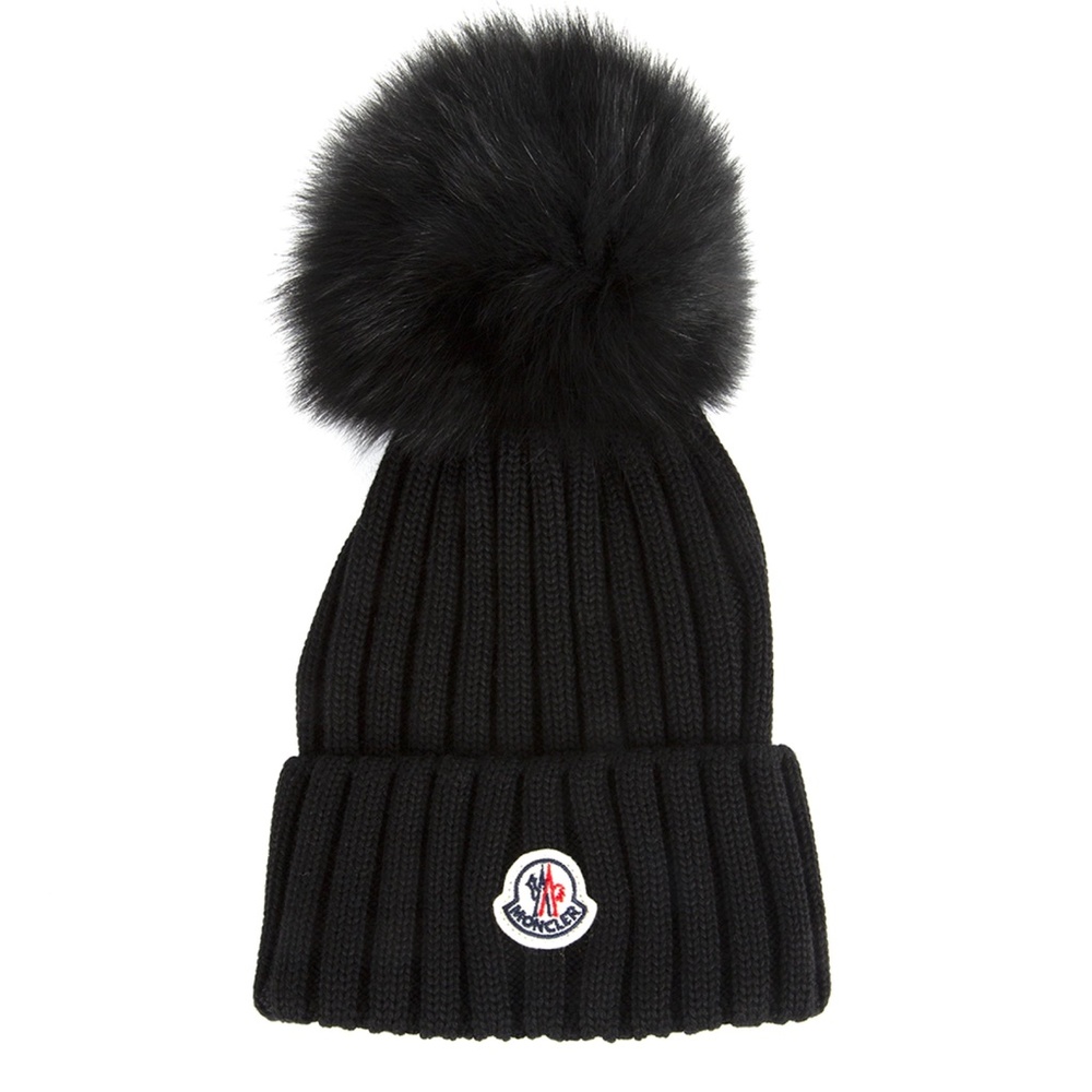 Moncler Black Beanie REAL FUR Pom Pom Hat Authentic - Picture 2 of 14